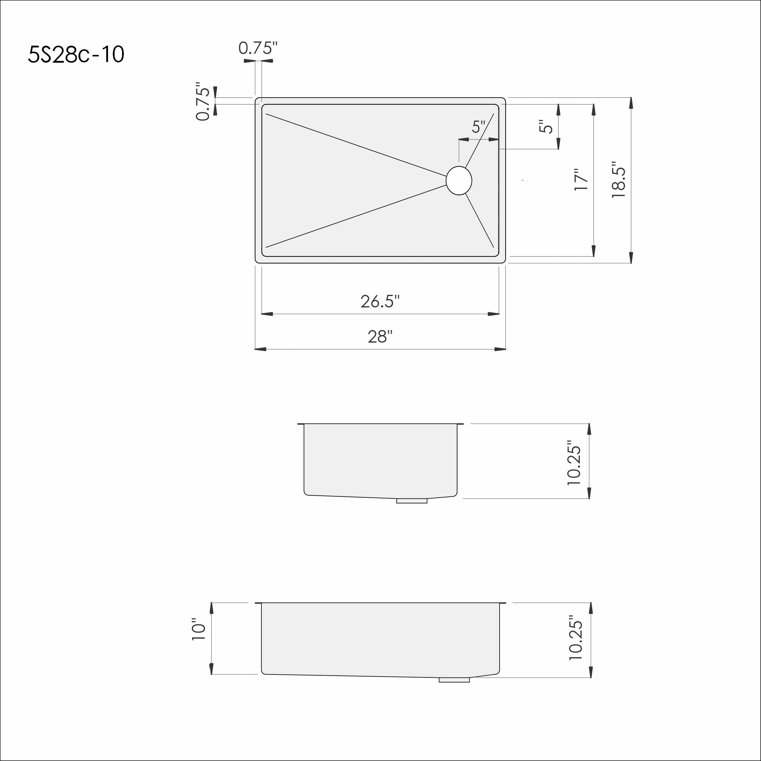 Technical drawing of the 28-inch undermount stainless steel kitchen sink, displaying dimensions, depth, and offset drain placement.