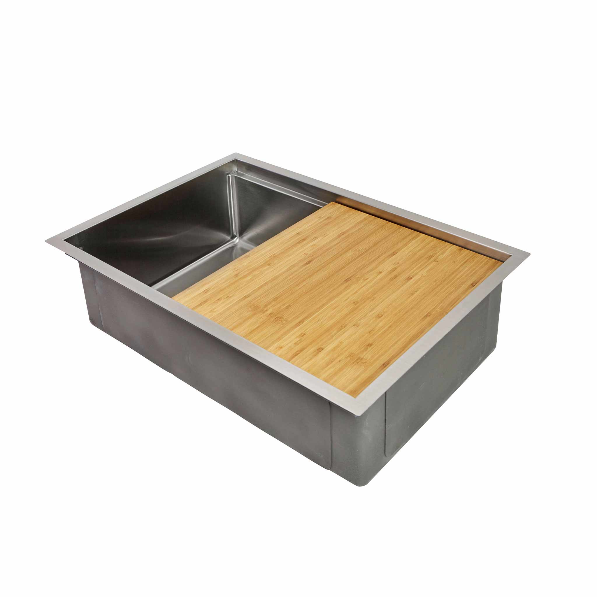 28-inch workstation sink with 8-inch depth, single bowl, and offset drain. Made of 16-gauge stainless steel with a reversible design and bamboo cutting board.