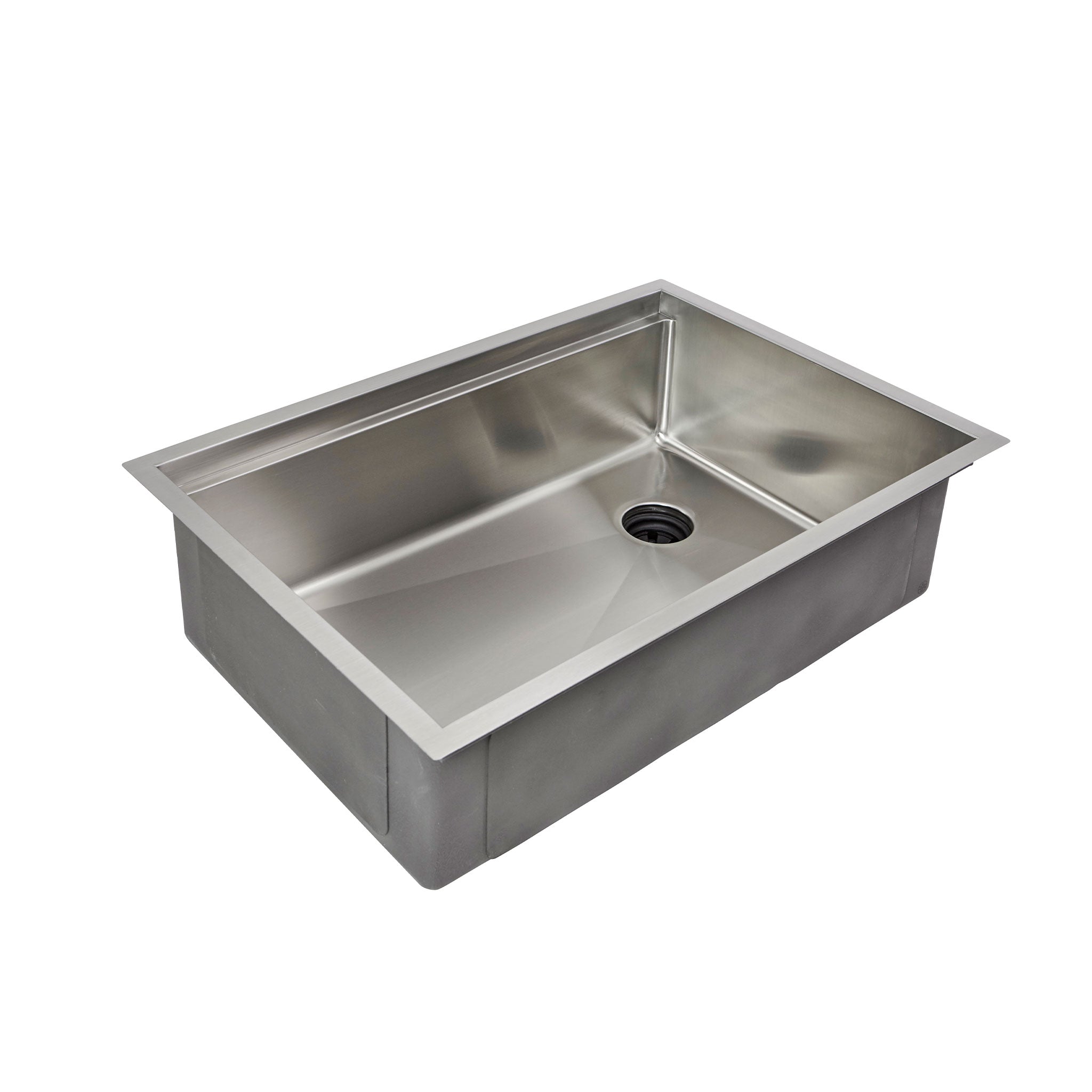 28 inch stainless steel undermount workstation sink  with an offset drain to the right and an eight inch depth.