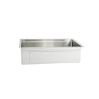 Side view of exterior 28 inch stainless steel undermount workstation sink with eight inch depth and reversible seamless drain