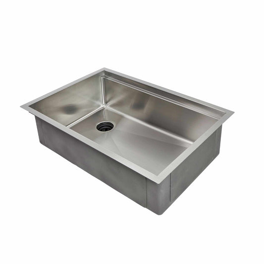28 inch workstation sink with offset drain to the left. 16 gauge type 304 stainless steel undermount kitchen sink. Create Good Sinks' patented seamless drain