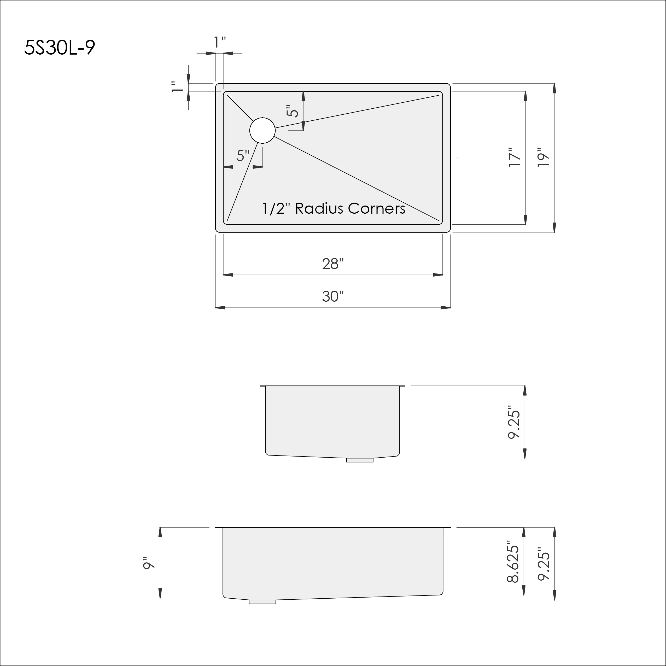 Dimensions of Create Good Sinks 30 inch stainless steel undermount kitchen sink with offset drain on the left. Patented seamless drain design and 9 inch depth