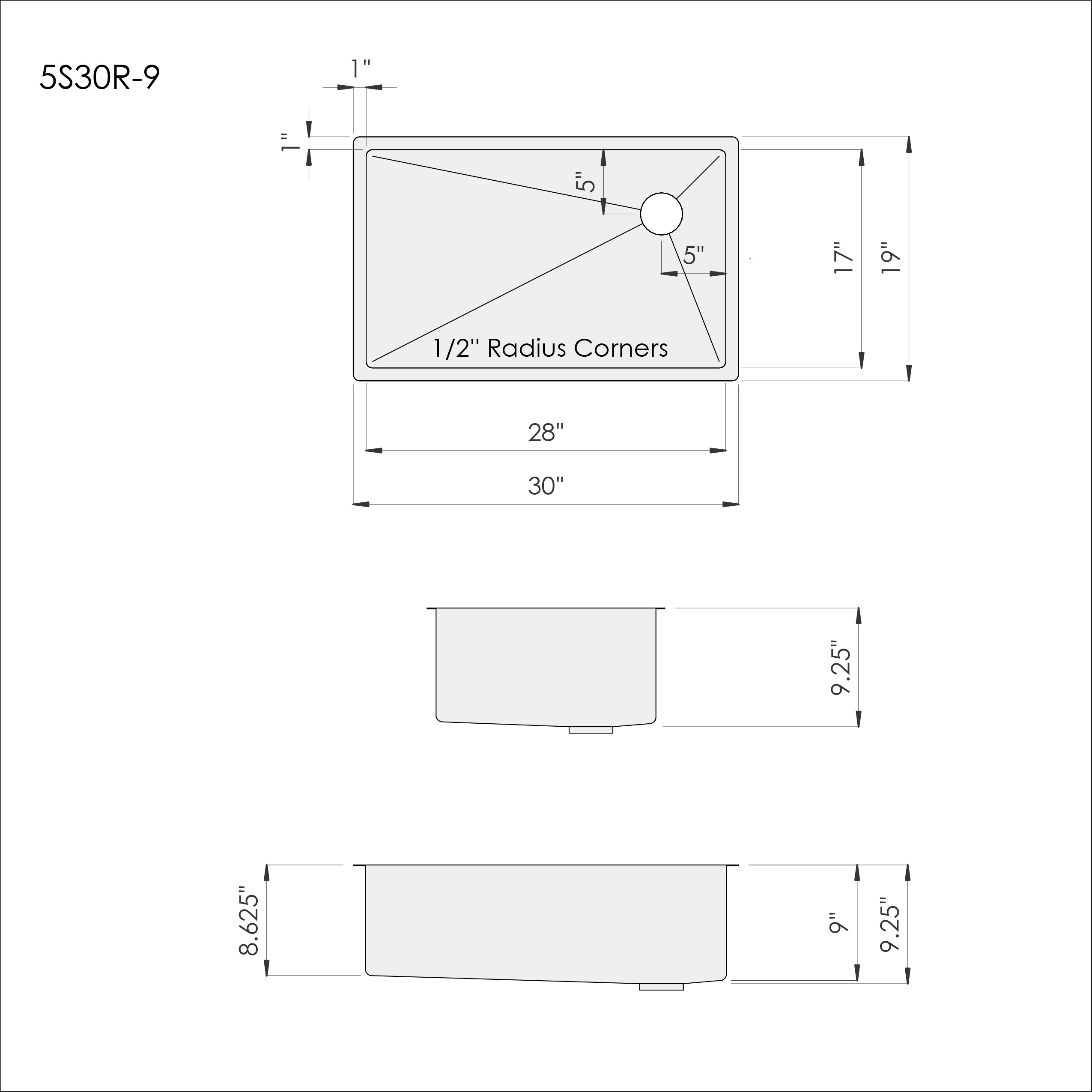 Dimensions of Create Good Sinks 30 inch stainless steel undermount kitchen sink with offset drain on the right. Patented seamless drain design and 9 inch depth