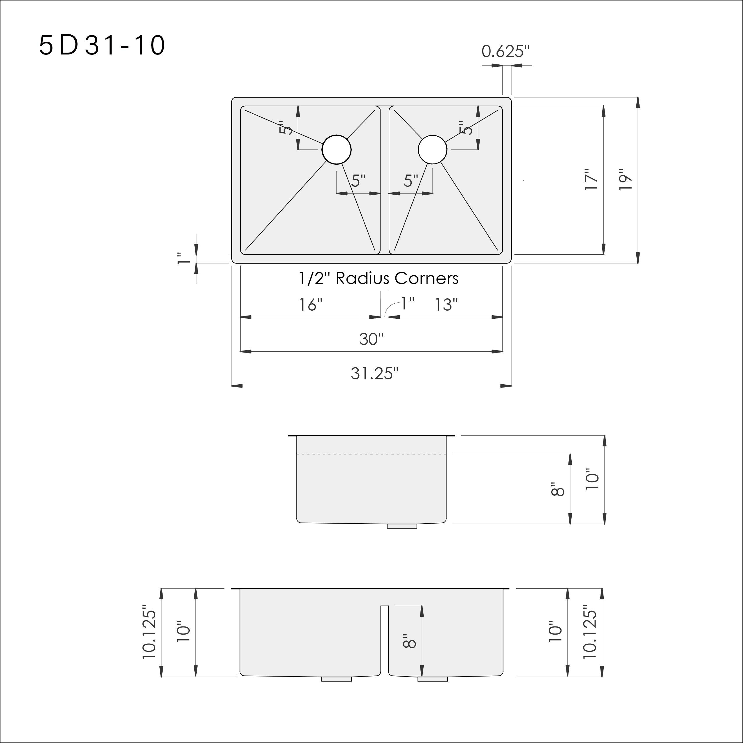 Dimensions of Create Good Sinks' 31.25" Stainless Steel undermount double bowl kitchen sink with 60/40 split, half inch radius corners, and low divide