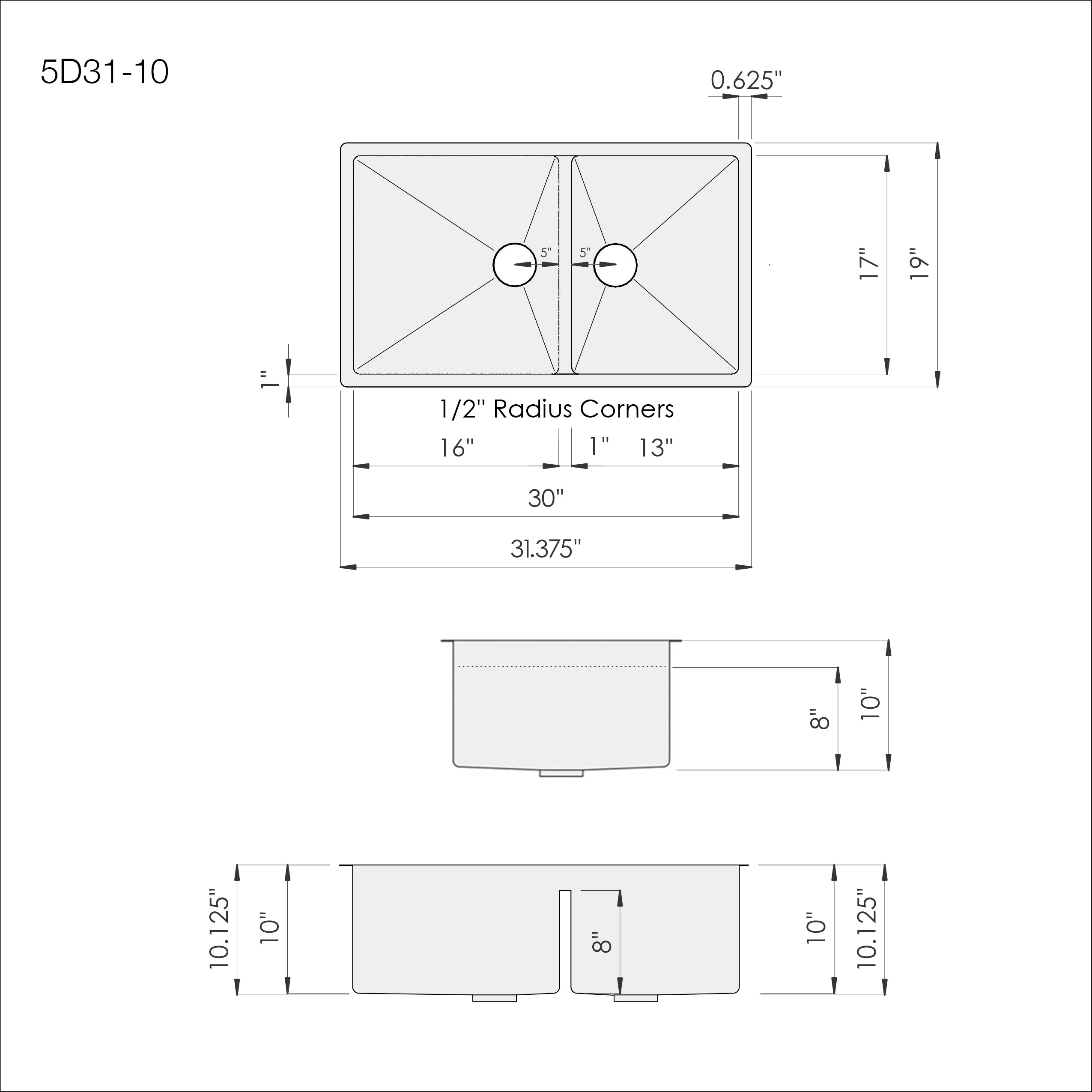 Dimensions of Create Good Sinks' 31.25" Stainless Steel undermount double bowl kitchen sink with 60/40 split, half inch radius corners, and low divide