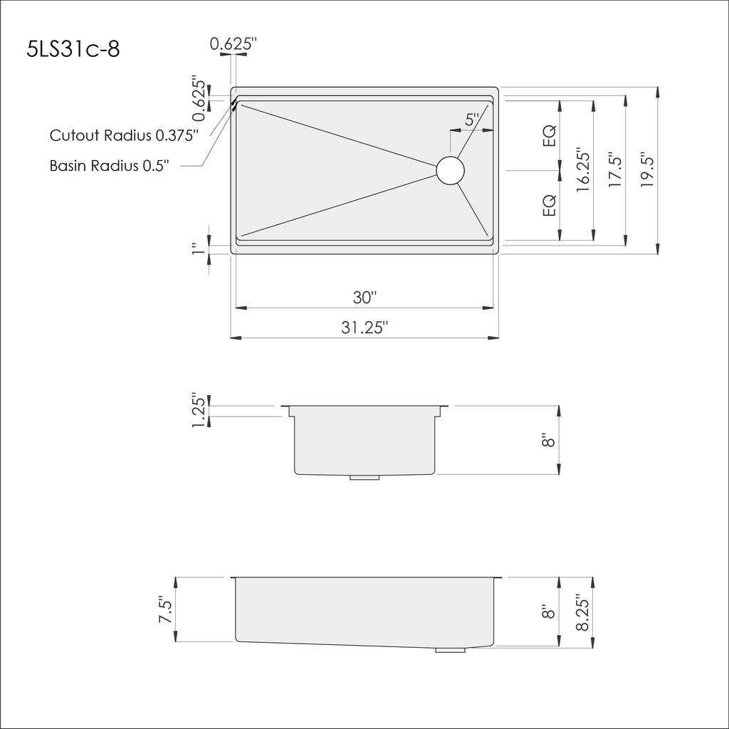 Technical drawing of the 31-inch workstation kitchen sink, detailing dimensions, cutout radius, and offset drain placement for precise installation.