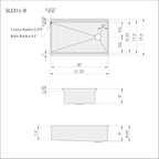 Technical drawing of the 31-inch workstation kitchen sink, detailing dimensions, cutout radius, and offset drain placement for precise installation.