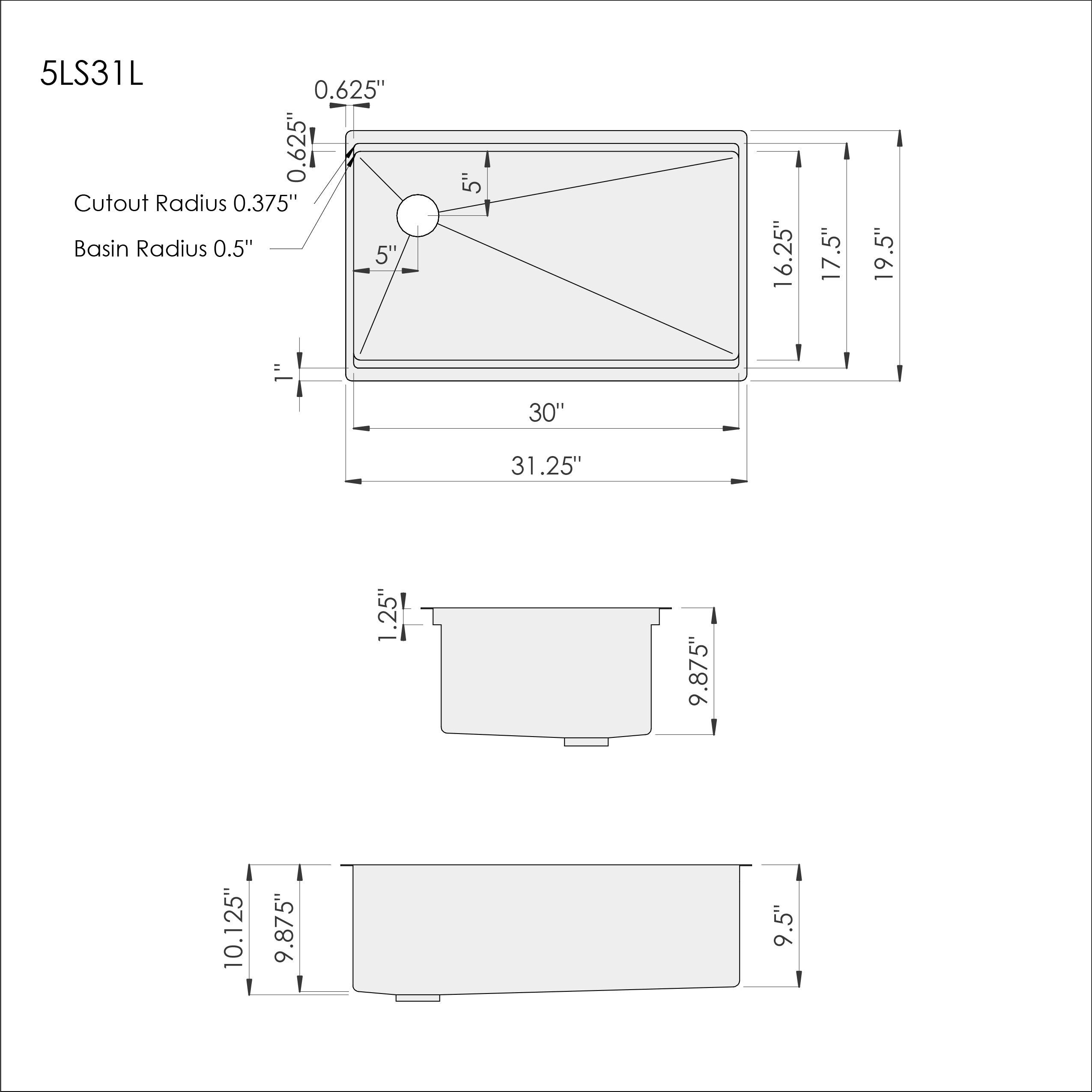 Dimensions of Create Good Sinks 31 inch single bowl undermount workstation sink with offset drain to the left and 10 inch depth. 