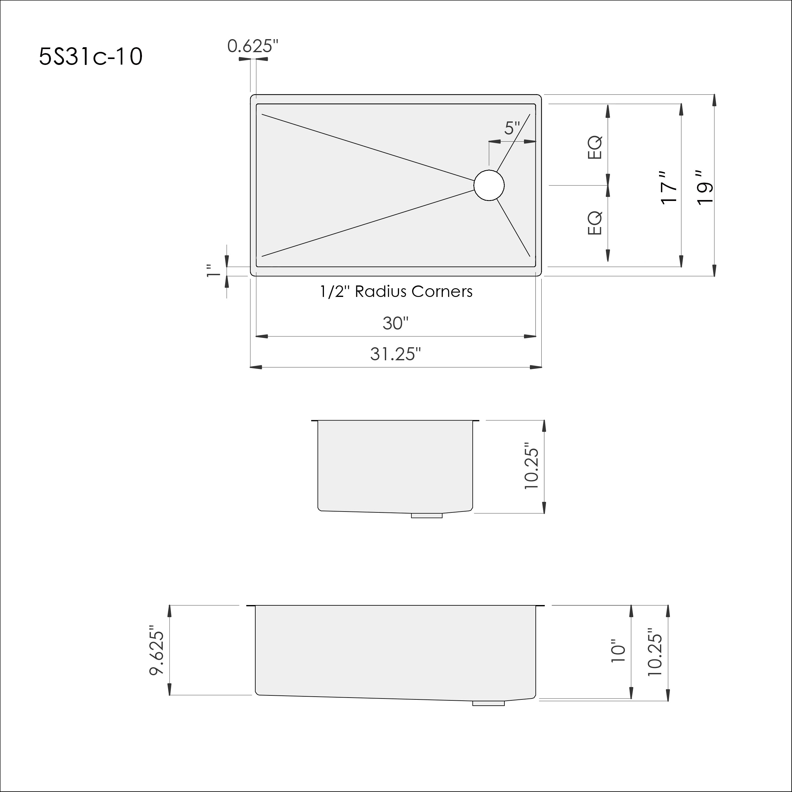 Technical drawing of 31-inch stainless steel undermount kitchen sink, displaying precise dimensions, 10-inch depth, and offset reversible drain placement.