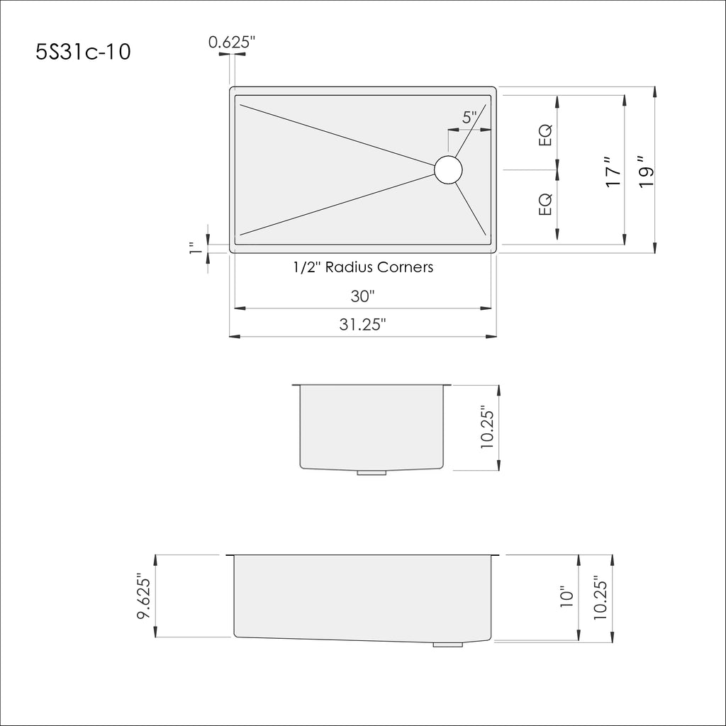 Technical drawing of 31-inch stainless steel undermount kitchen sink, displaying precise dimensions, 10-inch depth, and offset reversible drain placement.