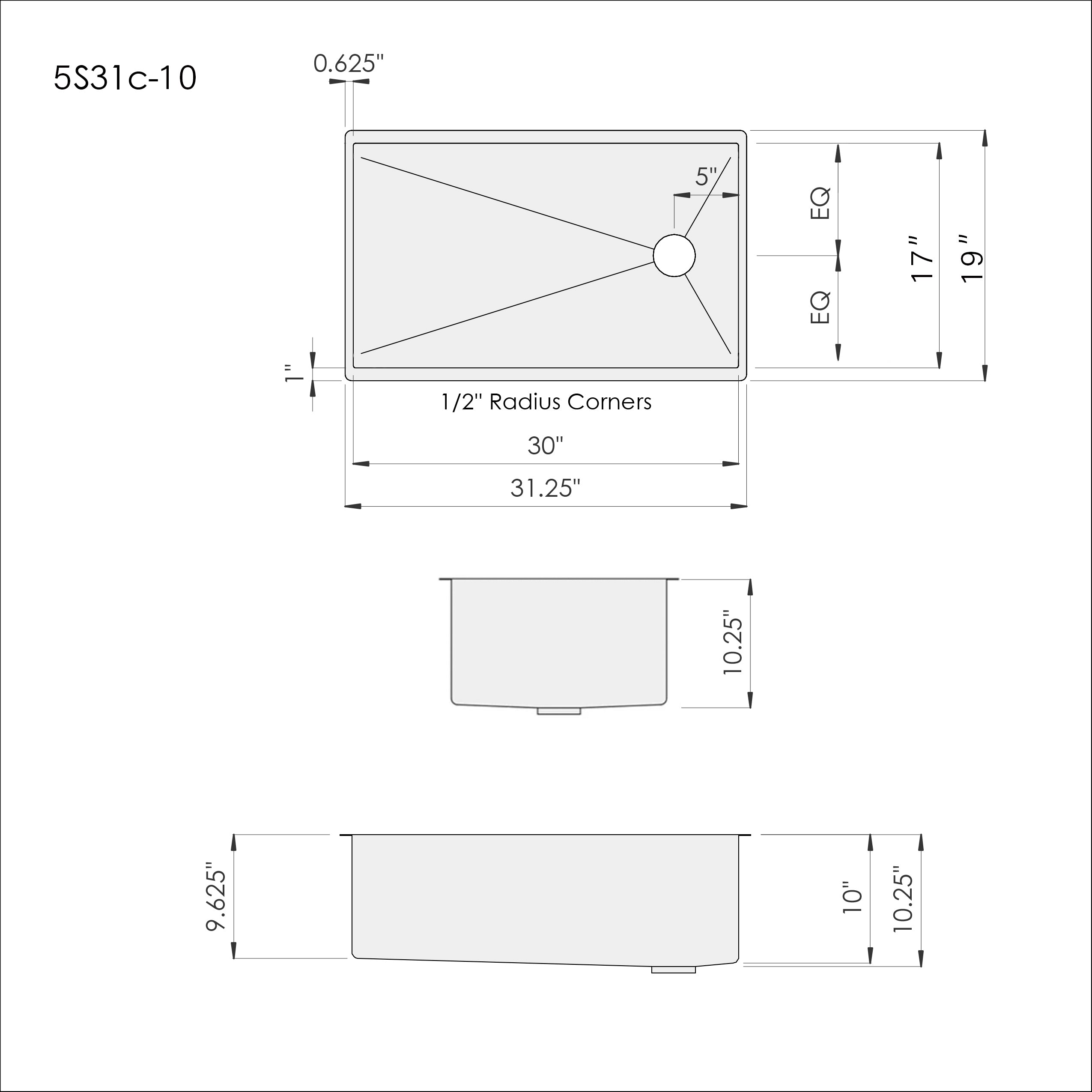 Technical drawing of 31-inch stainless steel undermount kitchen sink, displaying precise dimensions, 10-inch depth, and offset reversible drain placement.