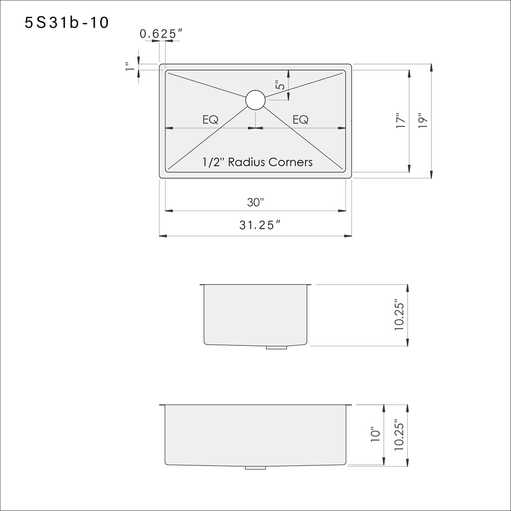 Dimensions of Create Good Sinks 31.25" stainless steel undermount kitchen sink with center drain. Patented seamless drain design and 10 inch depth and half inch radius easy-to-clean corners
