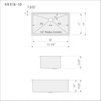 Dimensions of Create Good Sinks 31.25" stainless steel undermount kitchen sink with center drain. Patented seamless drain design and 10 inch depth and half inch radius easy-to-clean corners