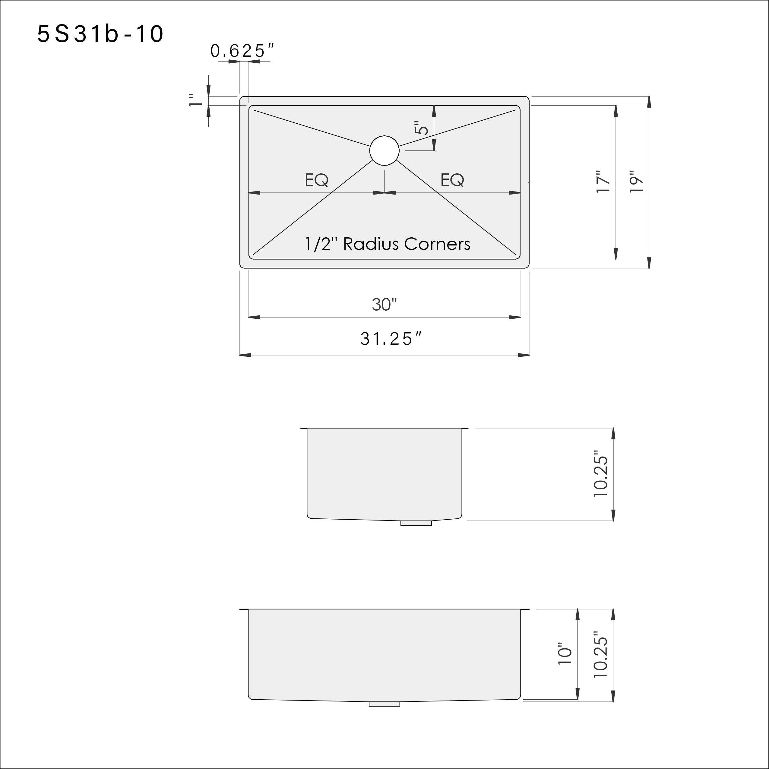 Dimensions of Create Good Sinks 31.25" stainless steel undermount kitchen sink with center drain. Patented seamless drain design and 10 inch depth and half inch radius easy-to-clean corners