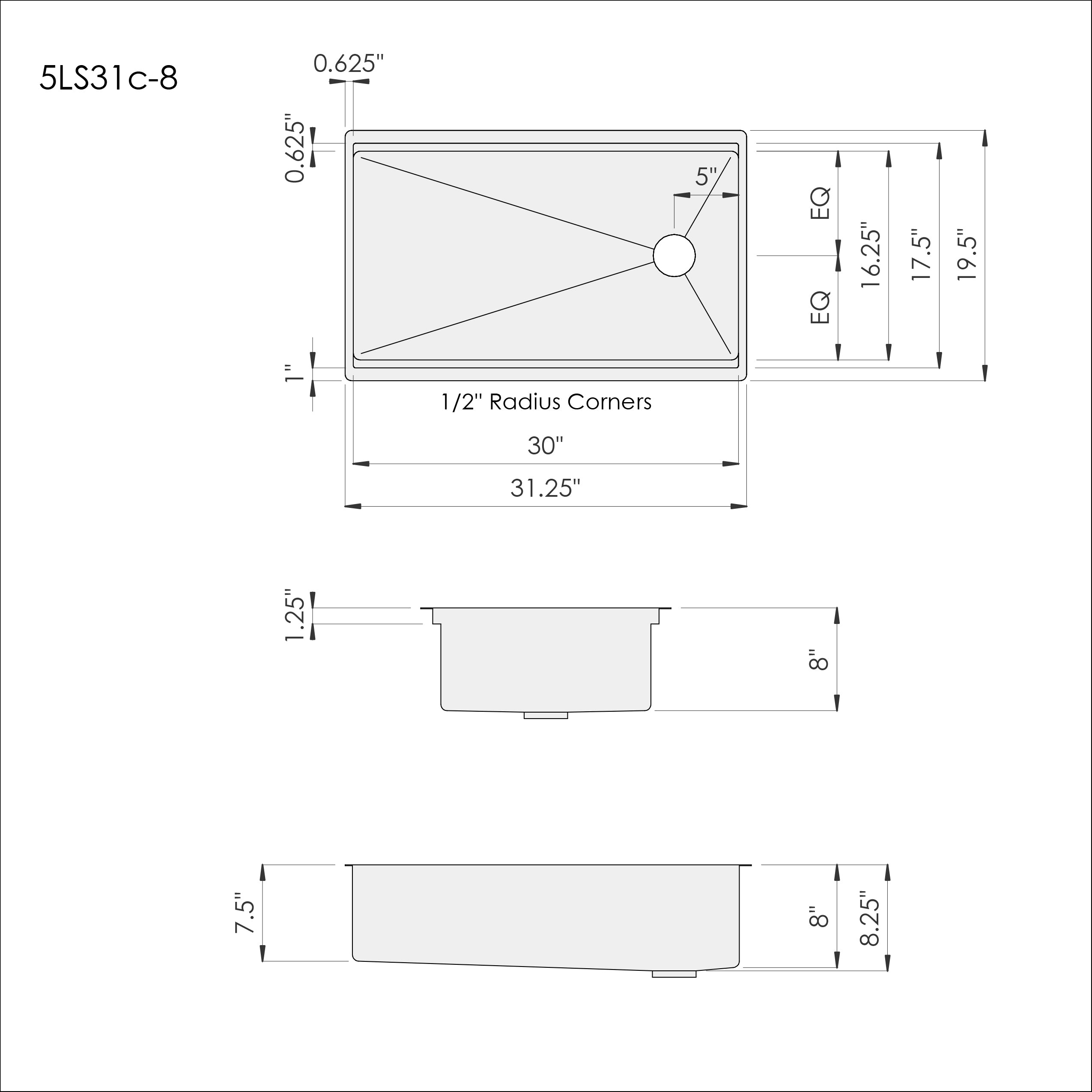 Dimensions for Create Good Sinks 31 inch undermount workstation sink with reversible offset drain and 8 inch depth