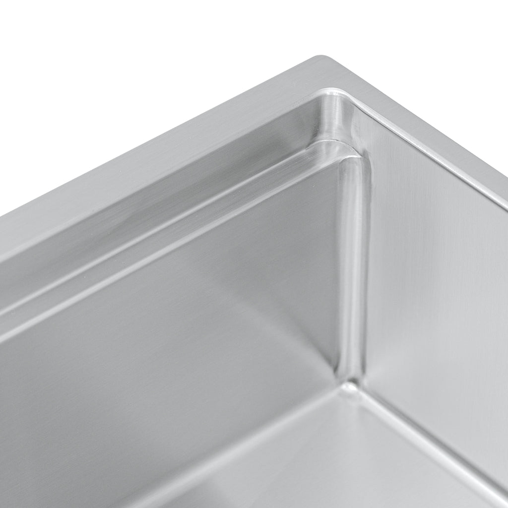 Close-up view of Create Good Sinks half-inch radius corners and double-ledge workstation sink option.
