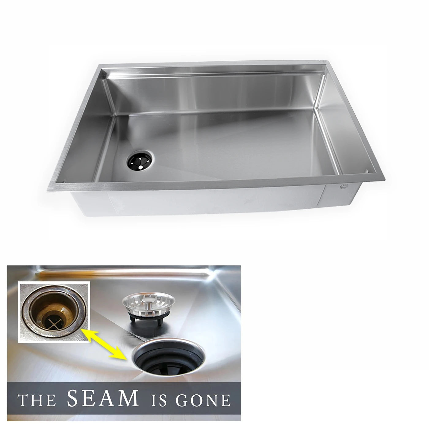 The Seam is Gone. 31-inch stainless steel workstation kitchen sink with an 8-inch depth and offset drain. Features a sleek undermount design with a reversible ledge.