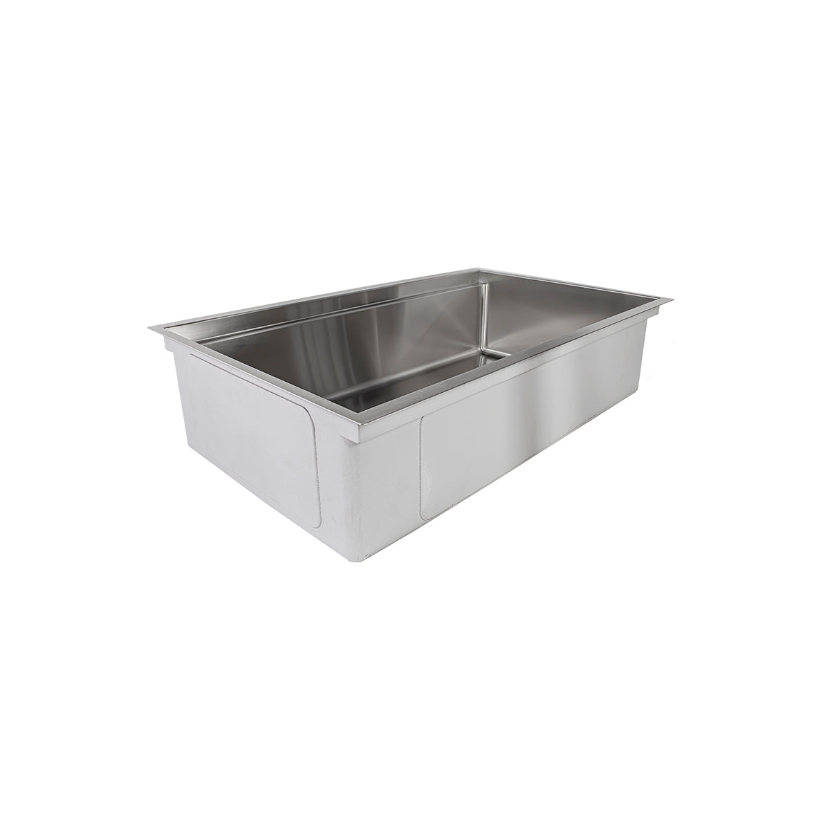 Side view of the 31-inch stainless steel workstation sink, showcasing its deep single bowl and durable undermount construction.