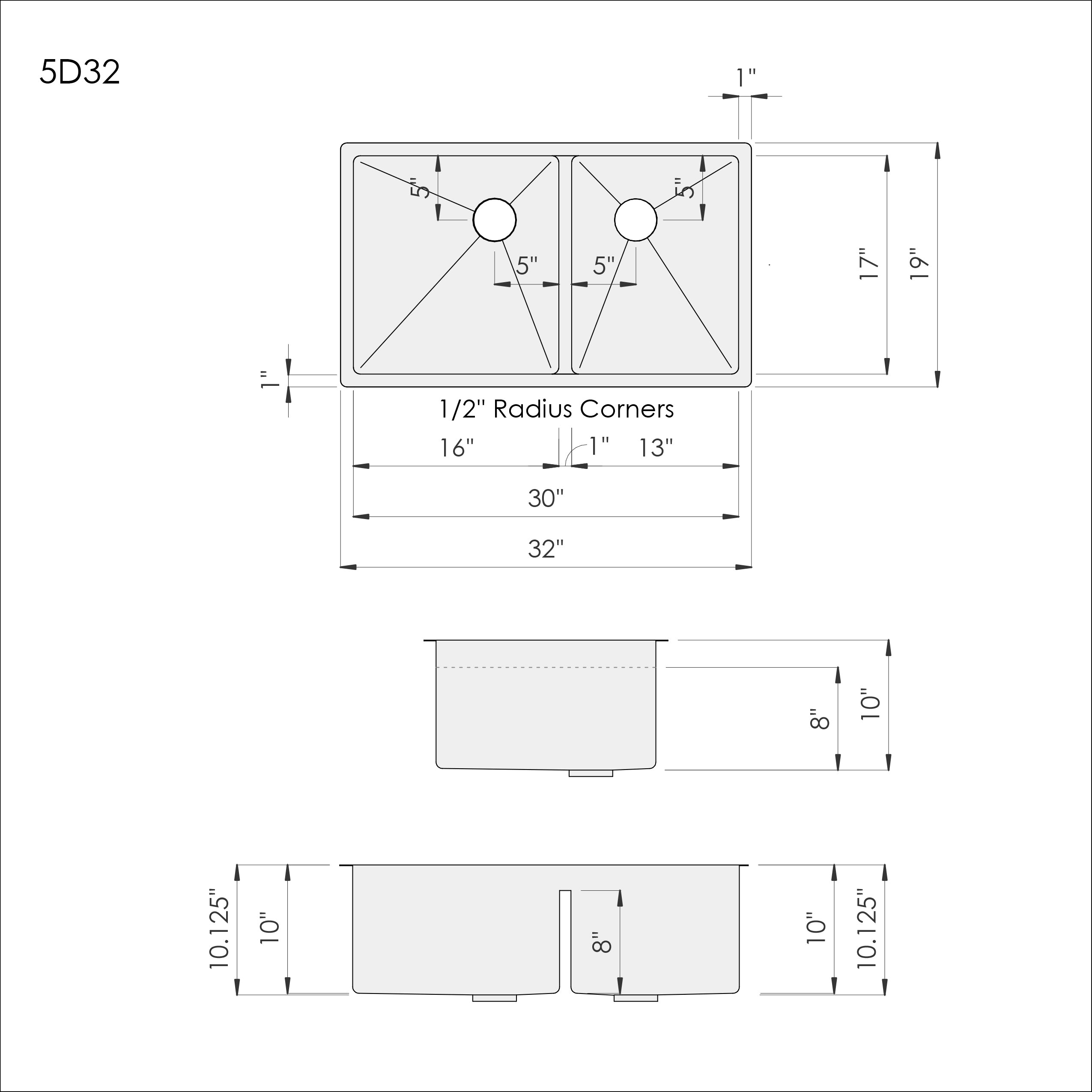 Dimensions of Create Good Sinks' 32" Stainless Steel double bowl kitchen sink with half inch radius corners and low divider