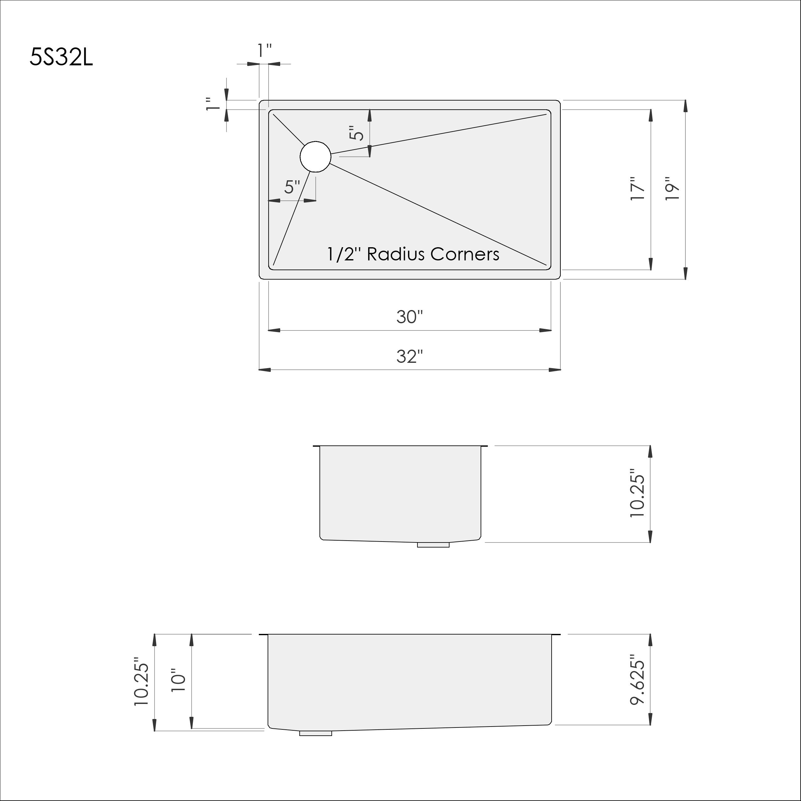 Dimensions of Create Good Sinks 32 inch stainless steel undermount kitchen sink with offset drain on the left. Patented seamless drain design and 10 inch depth