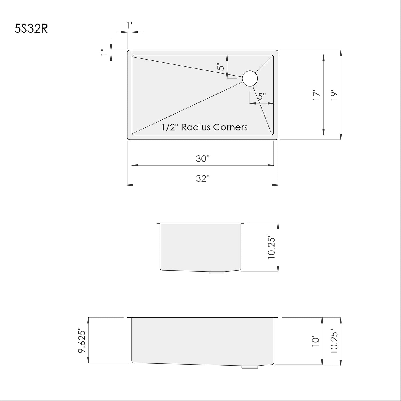 32" Stainless Steel Undermount Sink - Single Bowl - Offset Drain Right