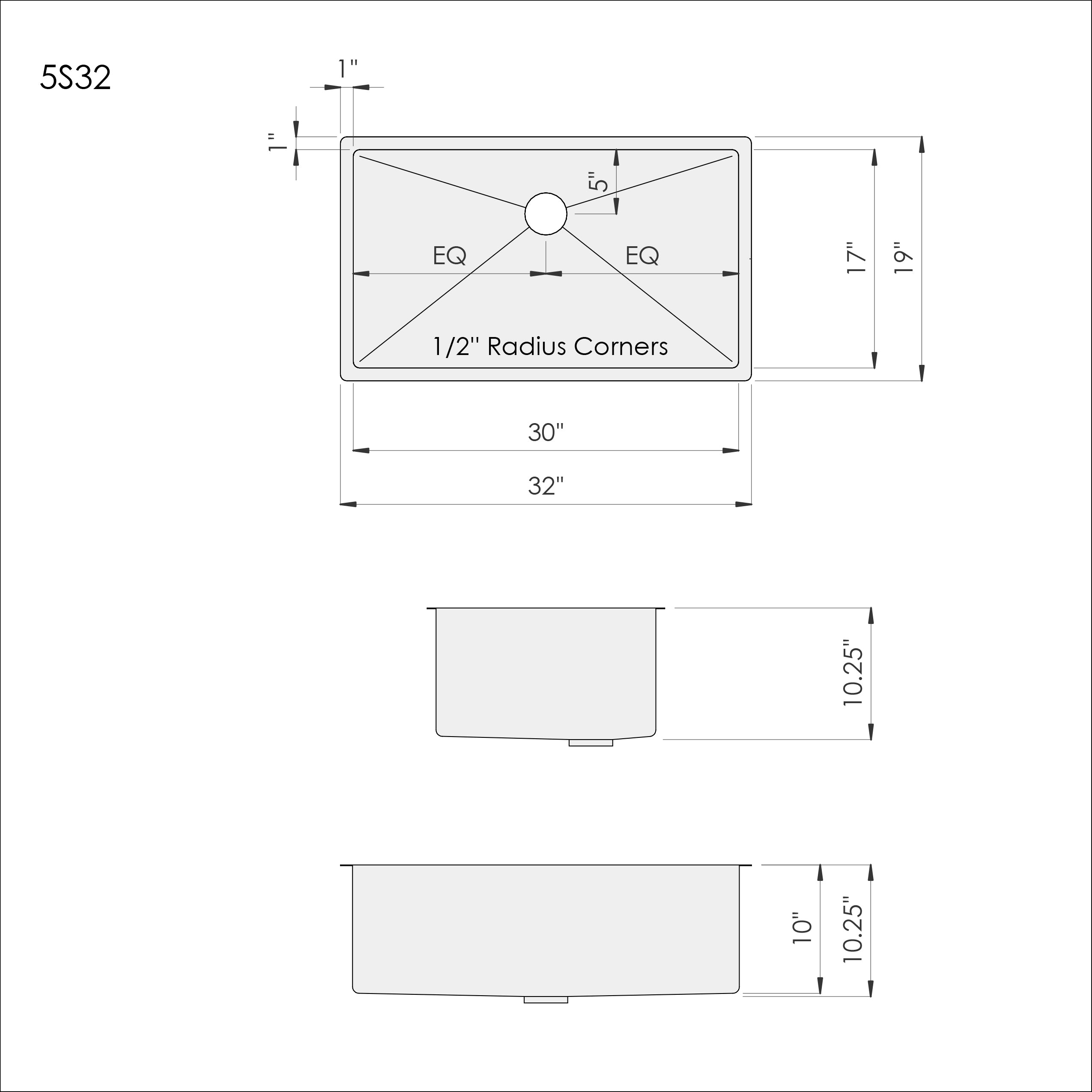 Dimensions of Create Good Sinks 32 inch stainless steel undermount kitchen sink with center drain. Patented seamless drain design and 10 inch depth and half inch radius corners