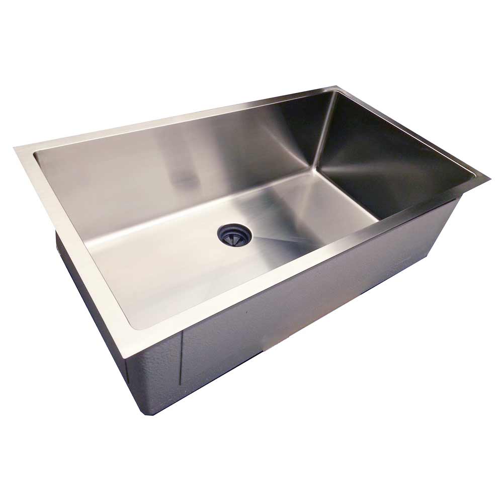 32 inch, 16 gauge stainless steel, undermount classic-style sink with half inch radius corners for easy cleaning and a center drain.