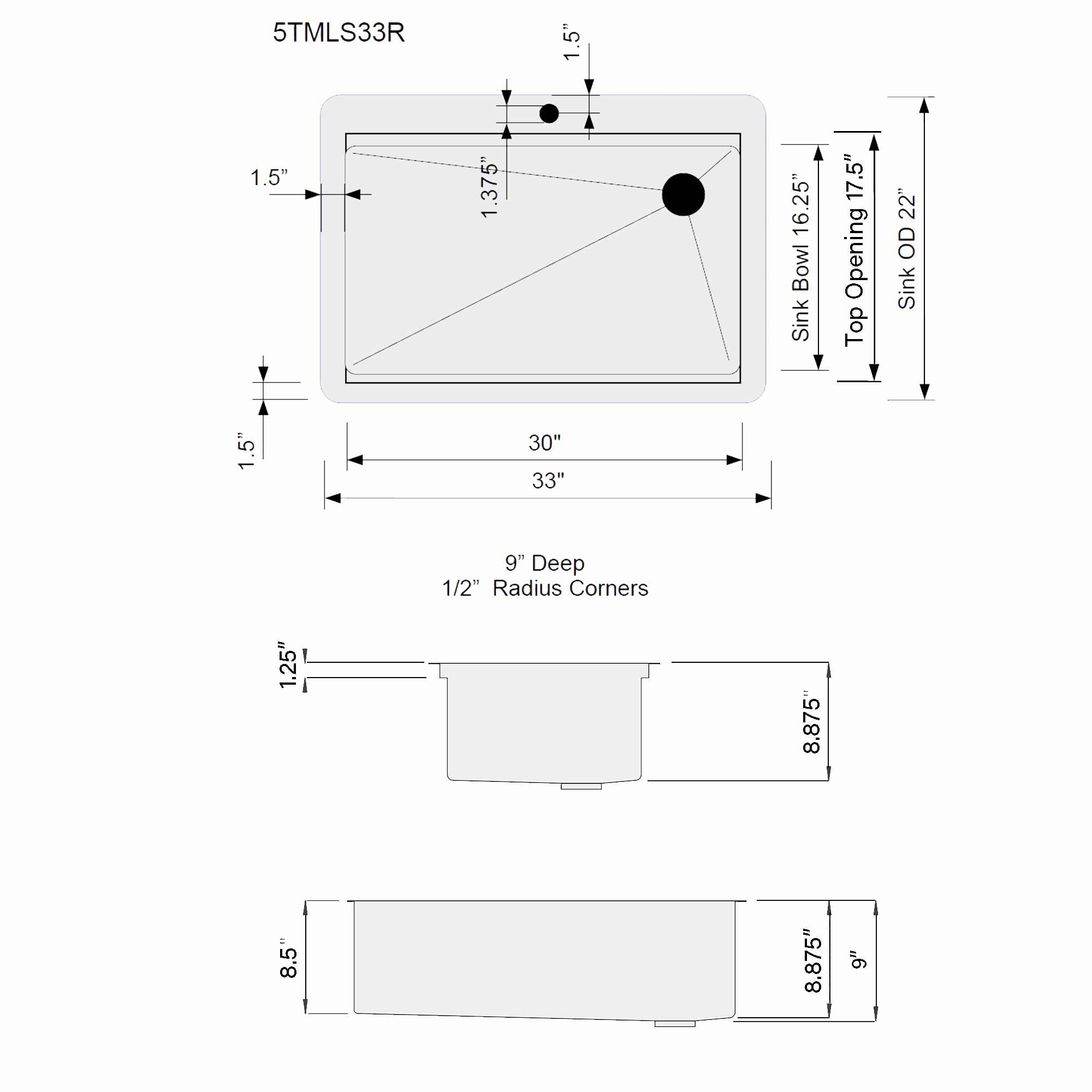 33" stainless steel top mount workstation sink with right drain
