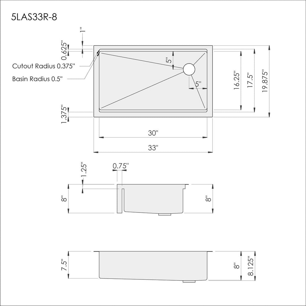 Dimensions of Create Good Sinks 33 inch apron front workstation sink. Undermount, made with 16 gauge type 304 stainless steel. 