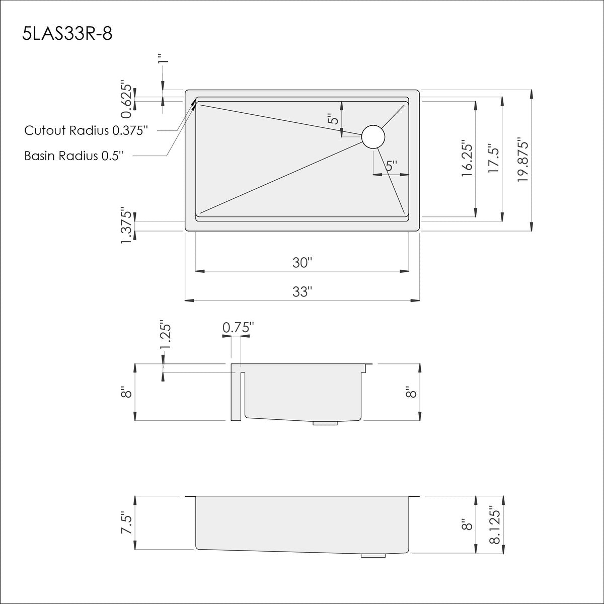 Dimensions of Create Good Sinks 33 inch apron front workstation sink. Undermount, made with 16 gauge type 304 stainless steel. 