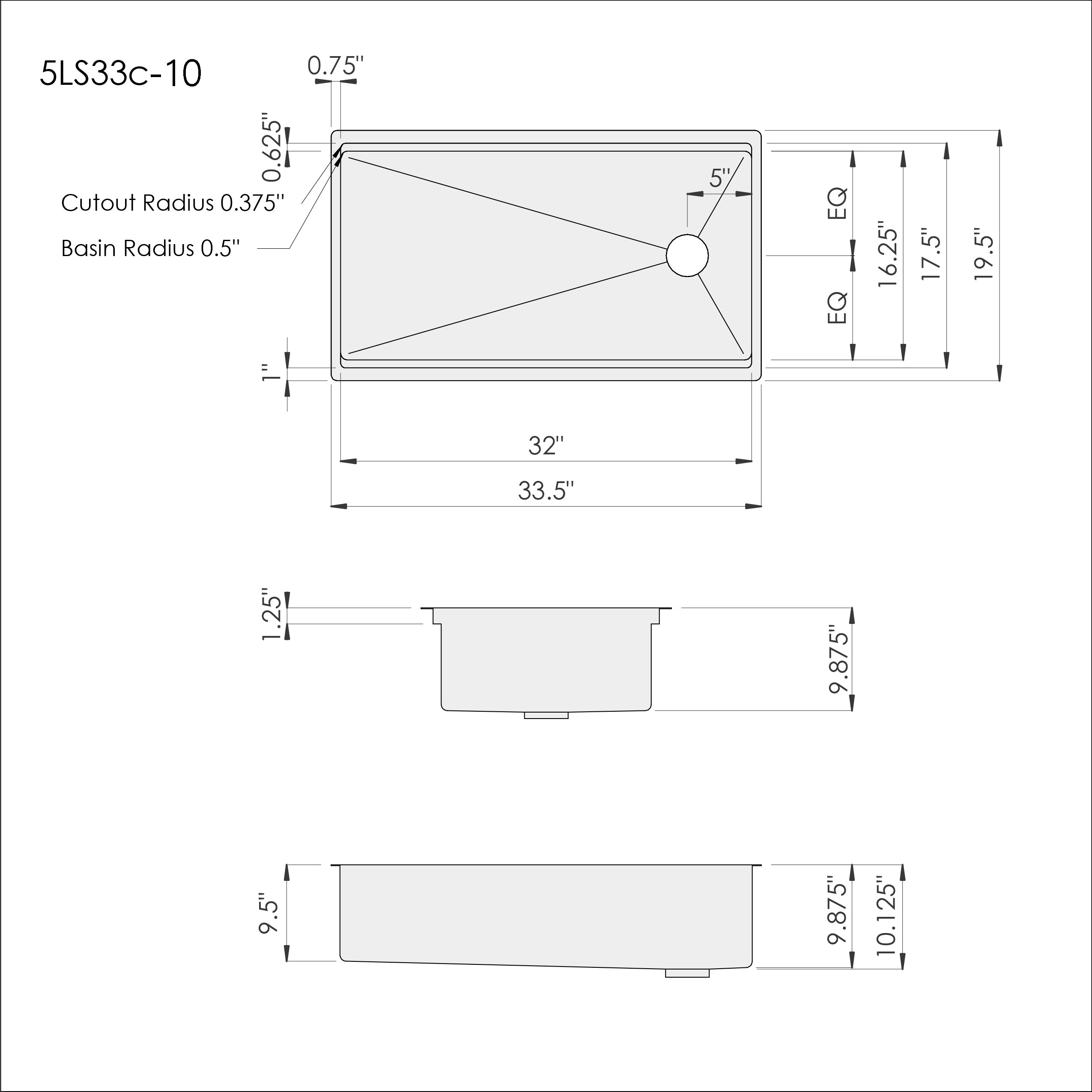 Technical drawing of the 33-inch workstation sink with dimensions. Features a 10-inch deep single bowl and reversible drain for flexible installation.