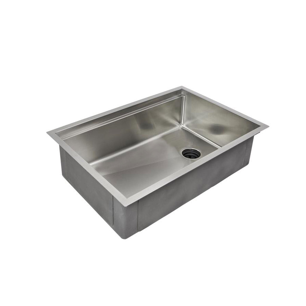 33-inch workstation sink with 8-inch depth, single bowl, and reversible drain. Made of 16-gauge stainless steel for durability and modern design.