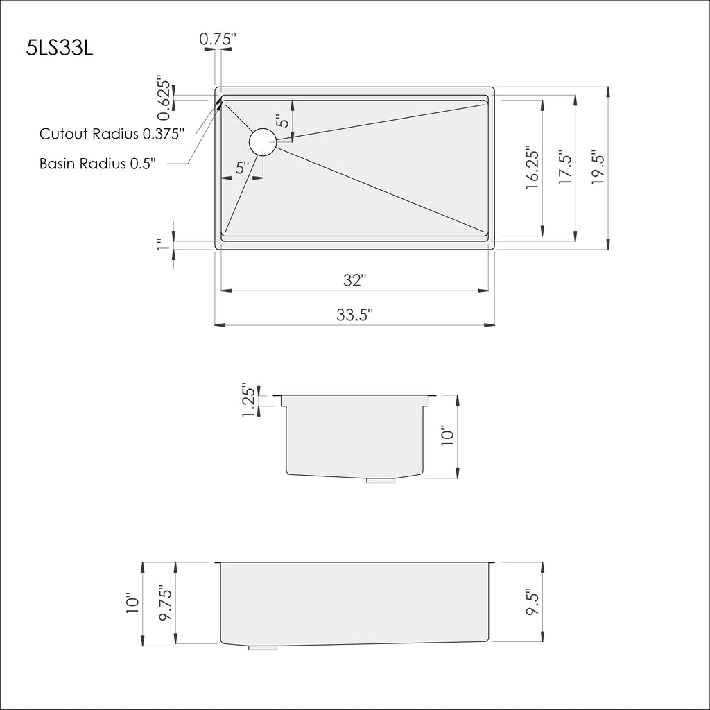 Dimensions of Create Good Sinks' 33 inch stainless steel undermount workstation sink with offset drain left and Patented seamless drain design.