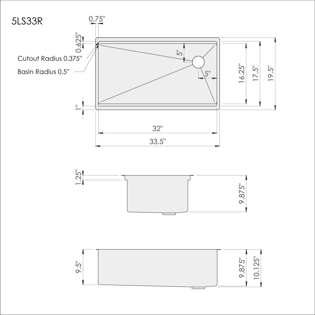 Dimensions of Create Good Sinks' 33 inch stainless steel undermount workstation sink with offset drain right. Patented seamless drain design. 5LS33R