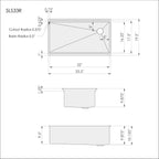 Dimensions of Create Good Sinks' 33 inch stainless steel undermount workstation sink with offset drain right. Patented seamless drain design. 5LS33R