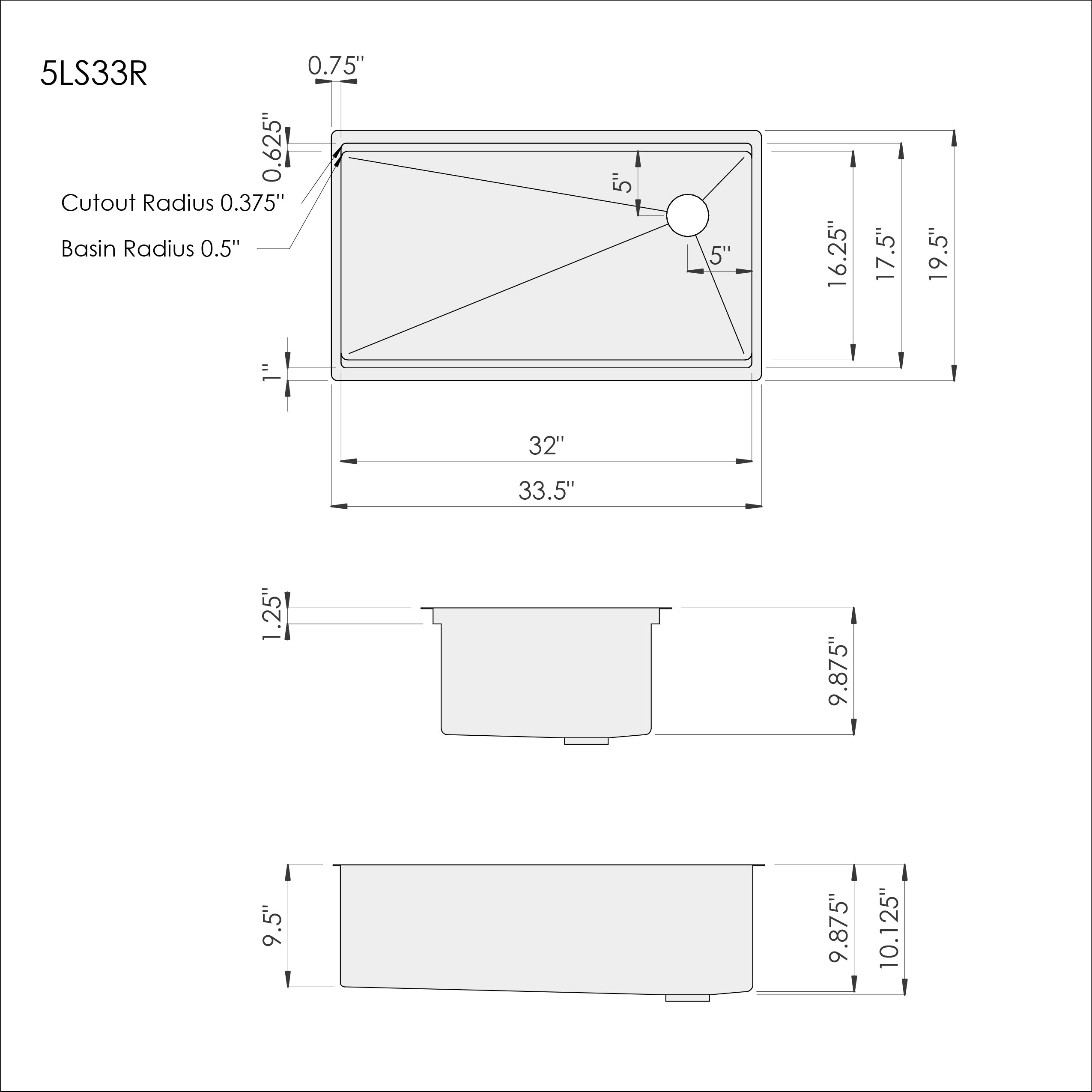 Dimensions of Create Good Sinks' 33 inch stainless steel undermount workstation sink with offset drain right. Patented seamless drain design. 5LS33R