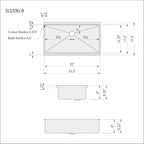 Technical drawing of 33-inch workstation sink with dimensions and specifications. Single bowl undermount design with center drain for precise installation.