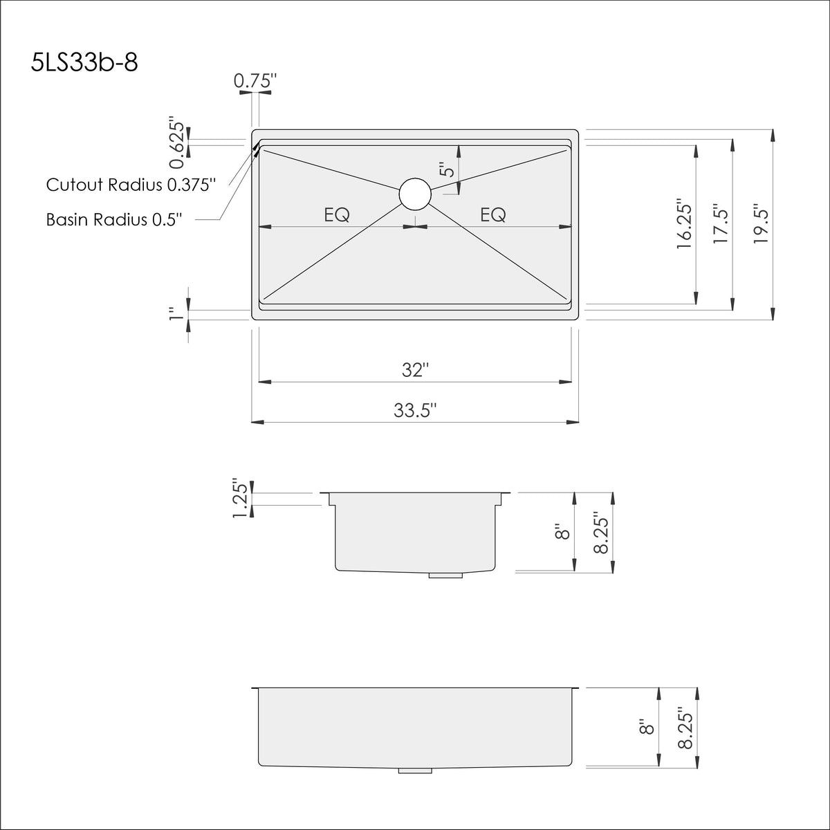 Technical drawing of 33-inch workstation sink with dimensions and specifications. Single bowl undermount design with center drain for precise installation.