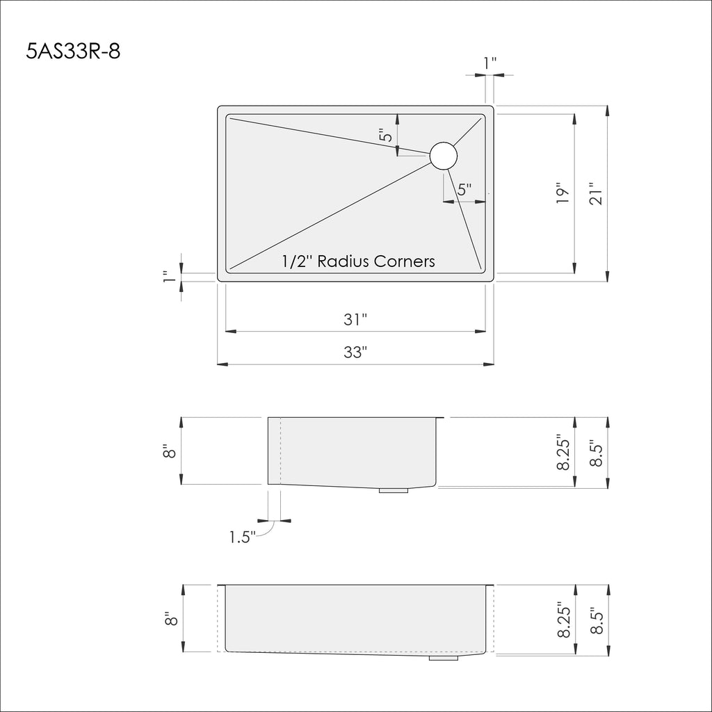 Dimensions of Create Good Sinks' 33 inch apron front undermount stainless steel kitchen sink with single bowl and offset drain and 8 inch depth