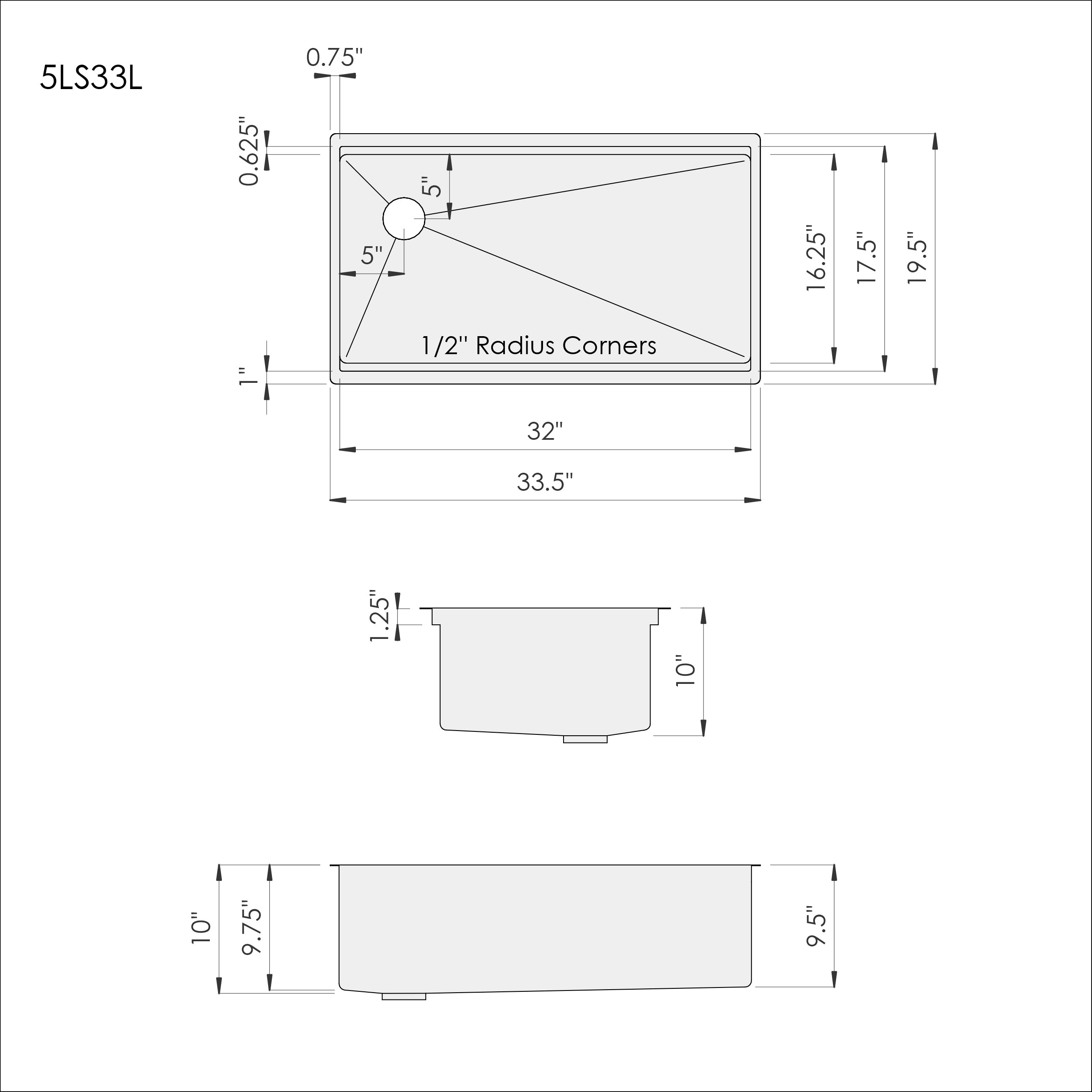 Dimensions of Create Good Sinks' 33 inch stainless steel undermount workstation sink with offset drain left and Patented seamless drain design.