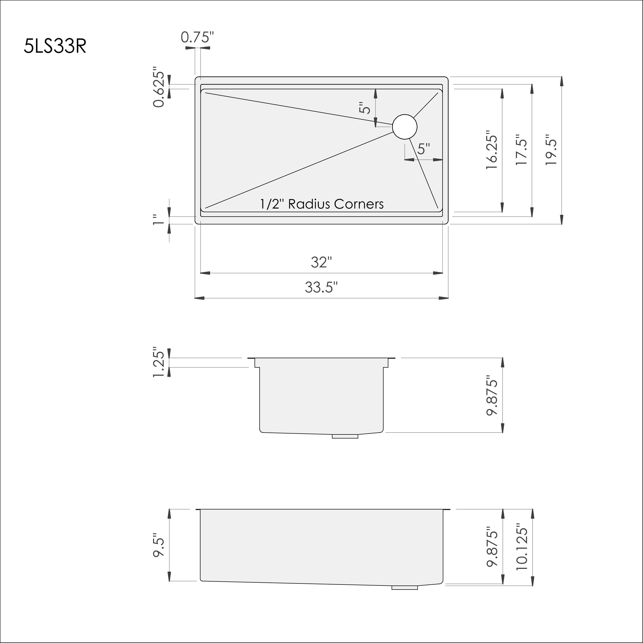 Dimensions of Create Good Sinks' 33 inch stainless steel undermount workstation sink with offset drain right. Patented seamless drain design. 5LS33R