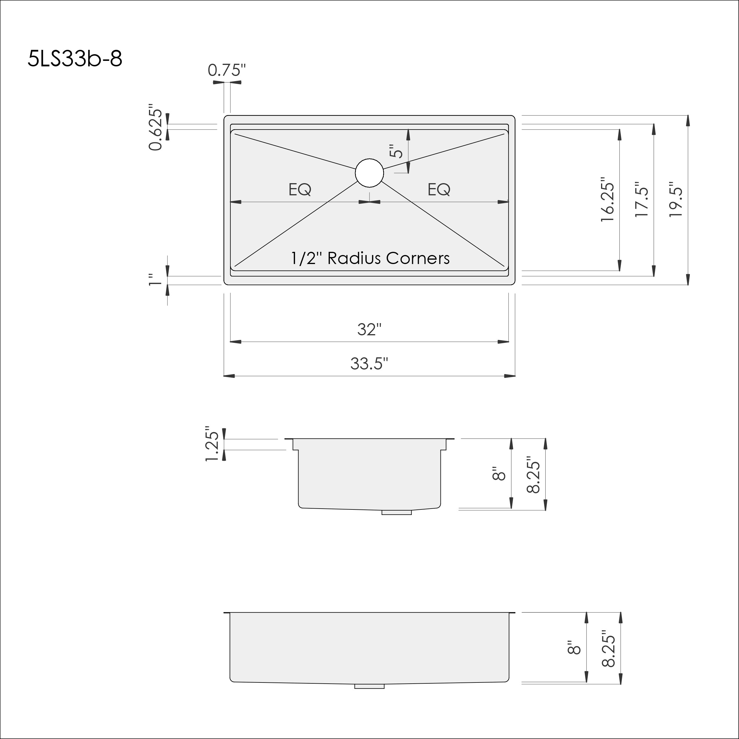 Dimensions for Create Good Sinks’ 33 inch single bowl workstation sink with a centered drain.