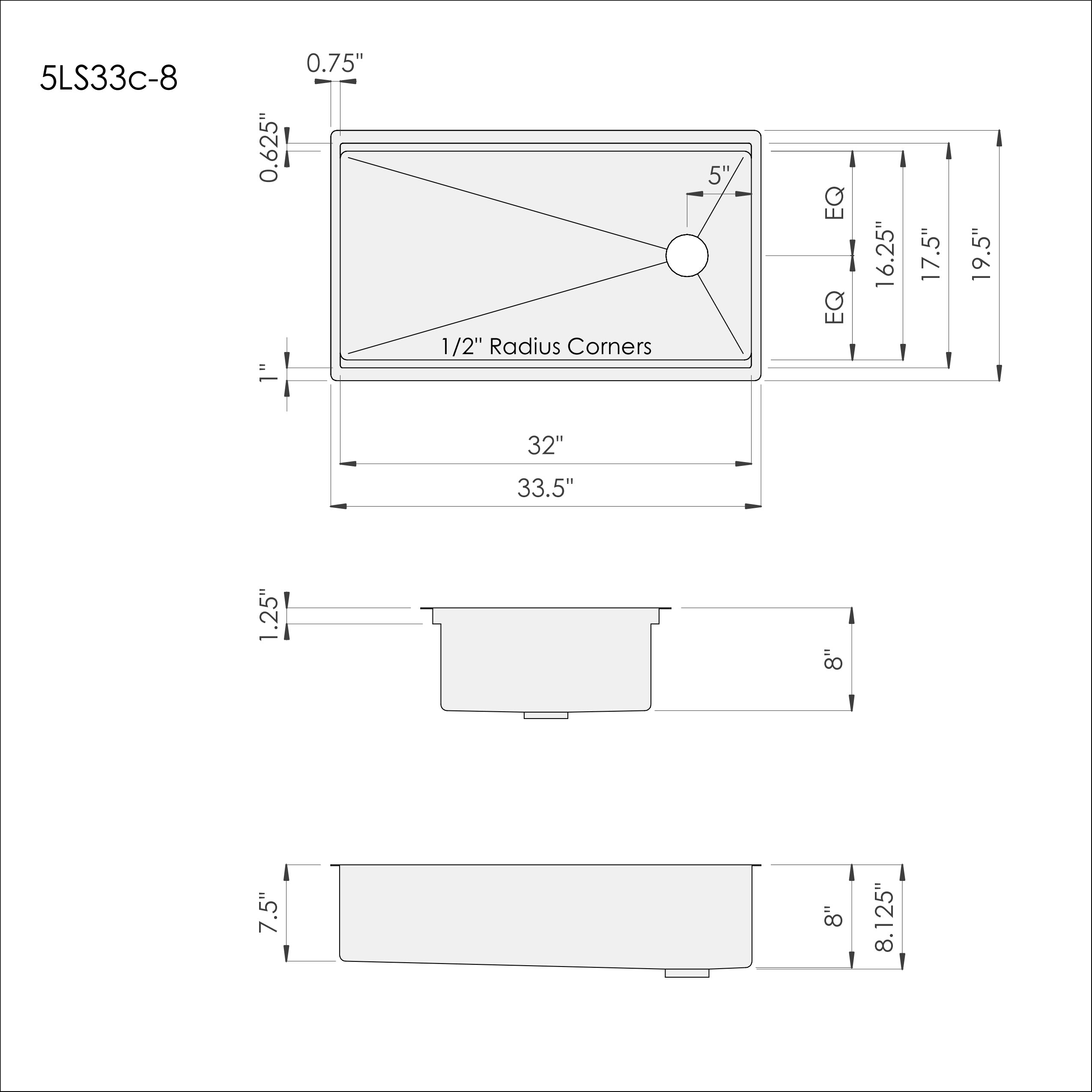 Dimensions of Create Good Sinks 33 inch single bowl undermount workstation sink with reversible offset drain and 8 inch depth 5LS33c-8