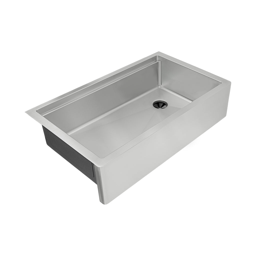 33 inch stainless steel farmhouse sink with workstation ledge and offset drain.