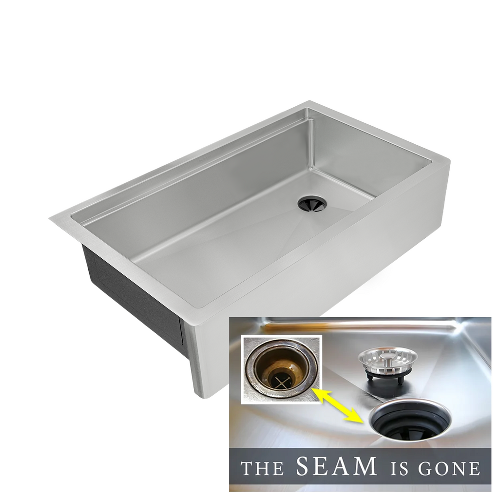 33 inch stainless steel farmhouse sink with workstation ledge and offset drain.