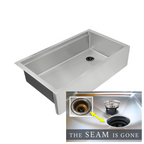 33 inch stainless steel farmhouse sink with workstation ledge and offset drain.