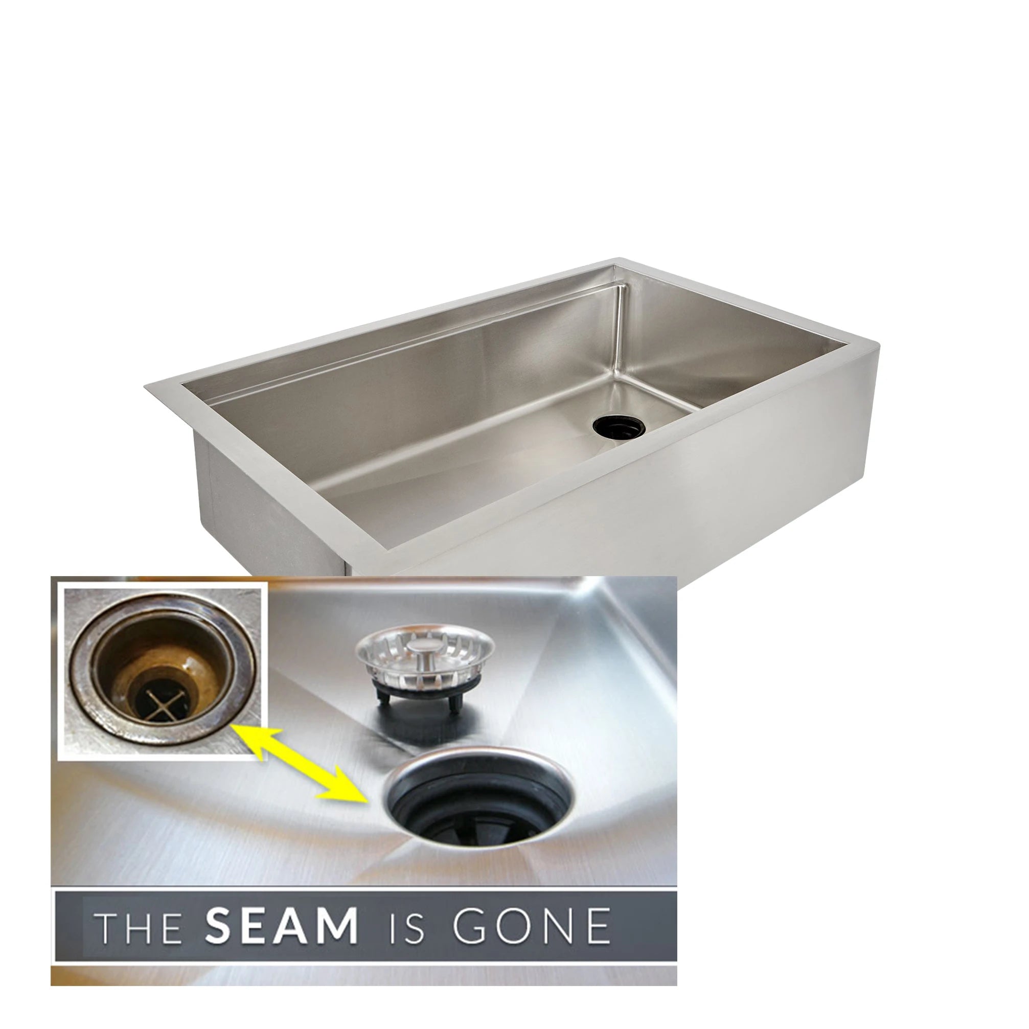 33 inch stainless steel farmhouse sink with workstation ledge and offset drain.