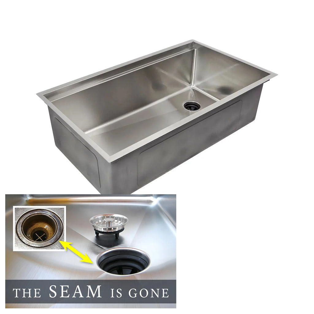The Seam is Gone. Create Good Sinks’ 33 Inch Workstation sink with a 10 inch depth and underside drain attachment for a seamless drain.