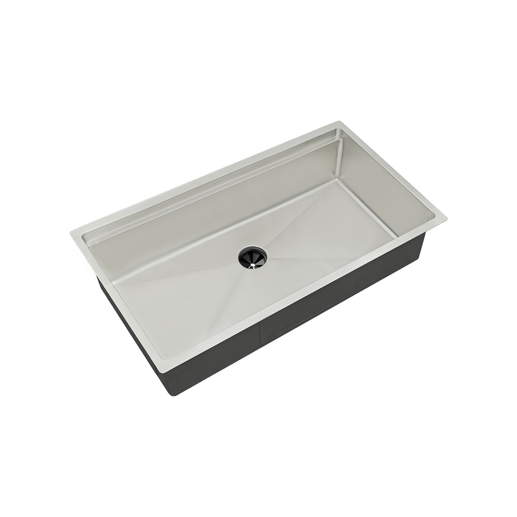33-inch workstation sink with 8-inch depth, single bowl, and center drain. Made of 16-gauge stainless steel for durability and modern kitchen design.