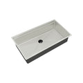 33-inch workstation sink with 8-inch depth, single bowl, and center drain. Made of 16-gauge stainless steel for durability and modern kitchen design.